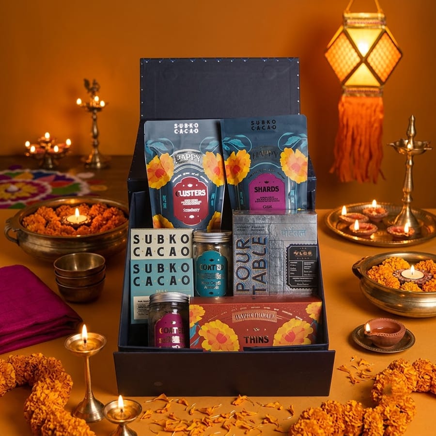 The Aatish Taufah hamper, styled with diyas and marigolds