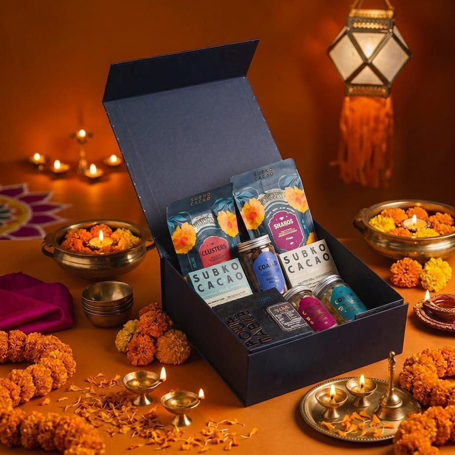 The Roshan Taufah hamper, styled with diyas and marigolds
